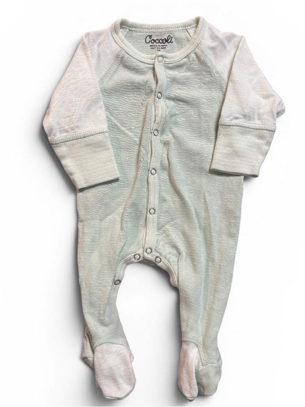❤️(1m/Newborn) Coccoli Sage Green and Cream Footed One-Piece